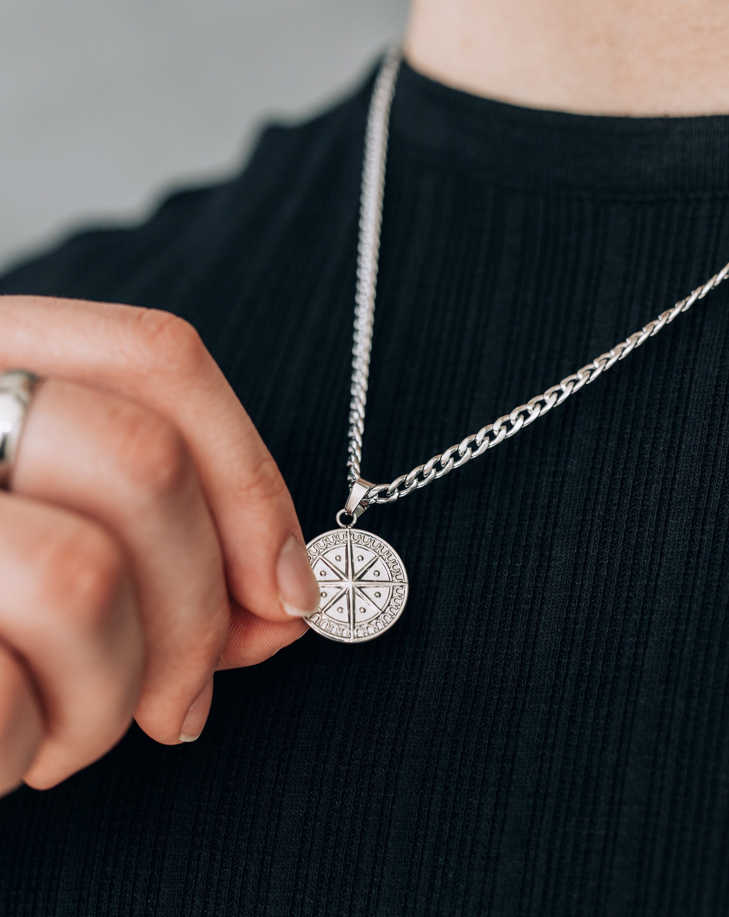 Stainless Steel Compass Pendant Mens Chaine Homme Silver Compass