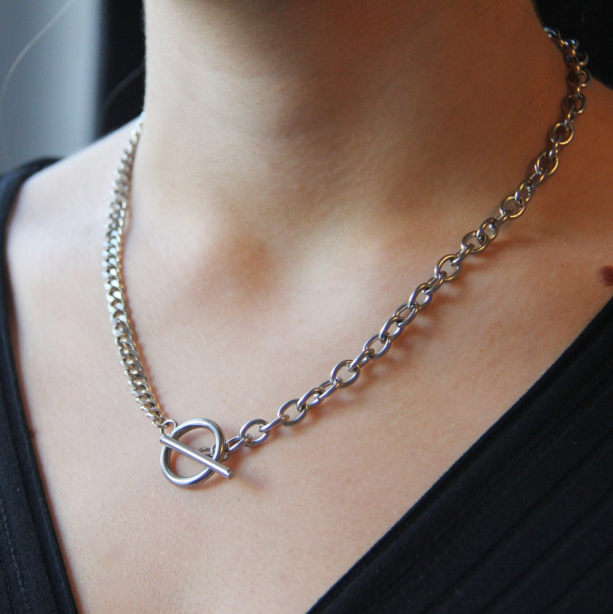 Chunky silver toggle necklace for women or men stainless steel 5mm cuban curb and 6mm rolo chain double chain water safe toggle necklace Etsy