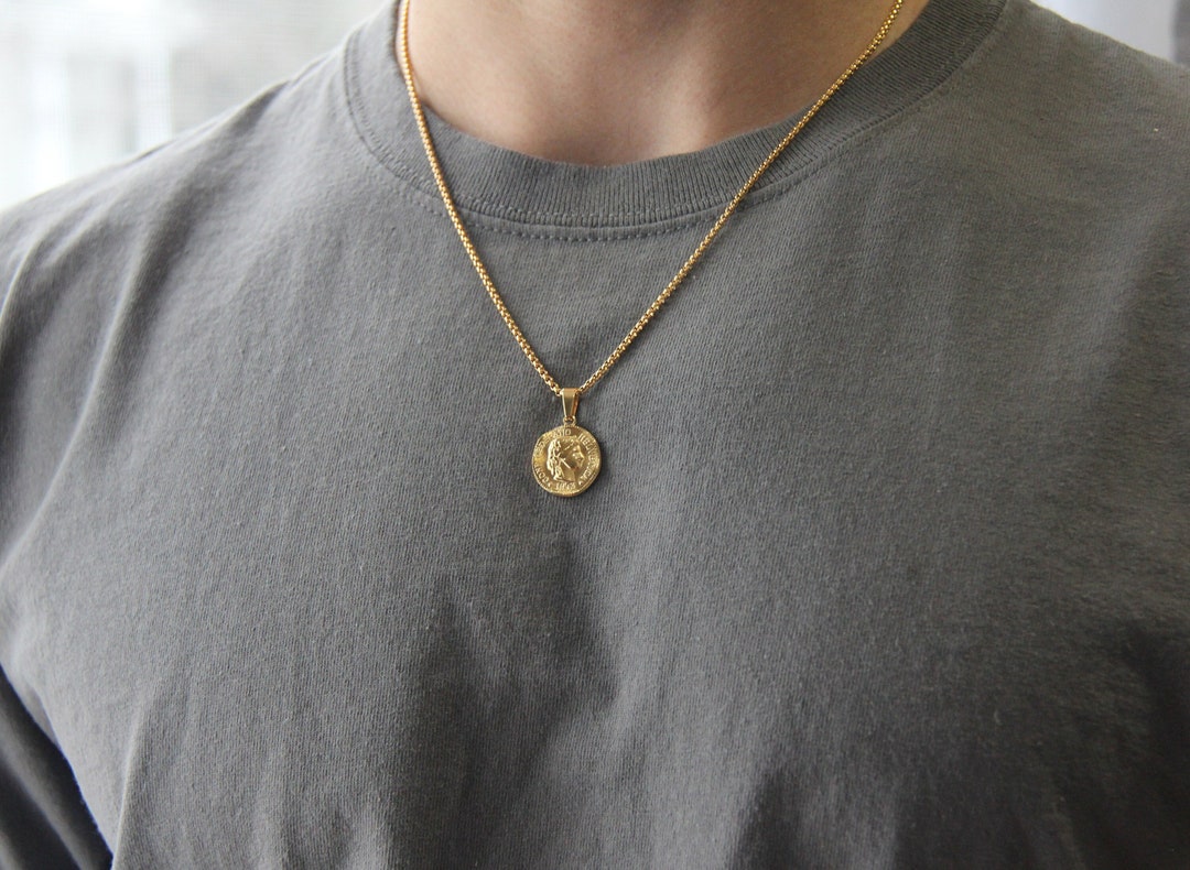Men's Gold Necklace / Stainless Steel Gold Coin Pendant Necklace for