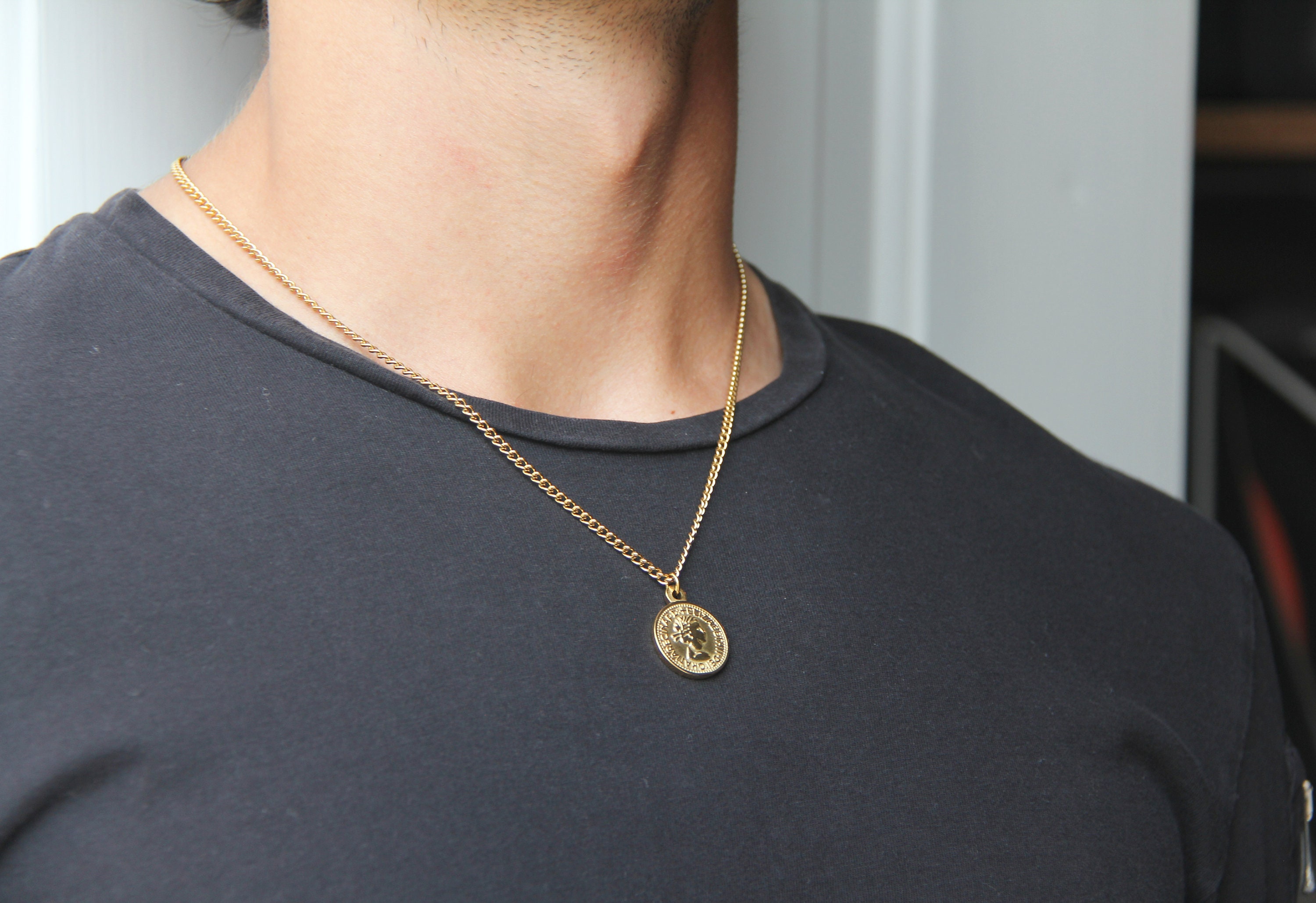Mens gold coin pendant best sale necklace