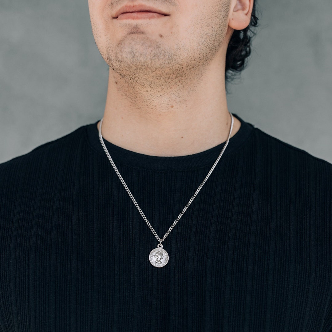 Silver Coin Pendant Necklace for Men or Women Stainless Steel Men s Pendant Necklace Round Disk Pendant and Curb Chain Coin Necklace Etsy