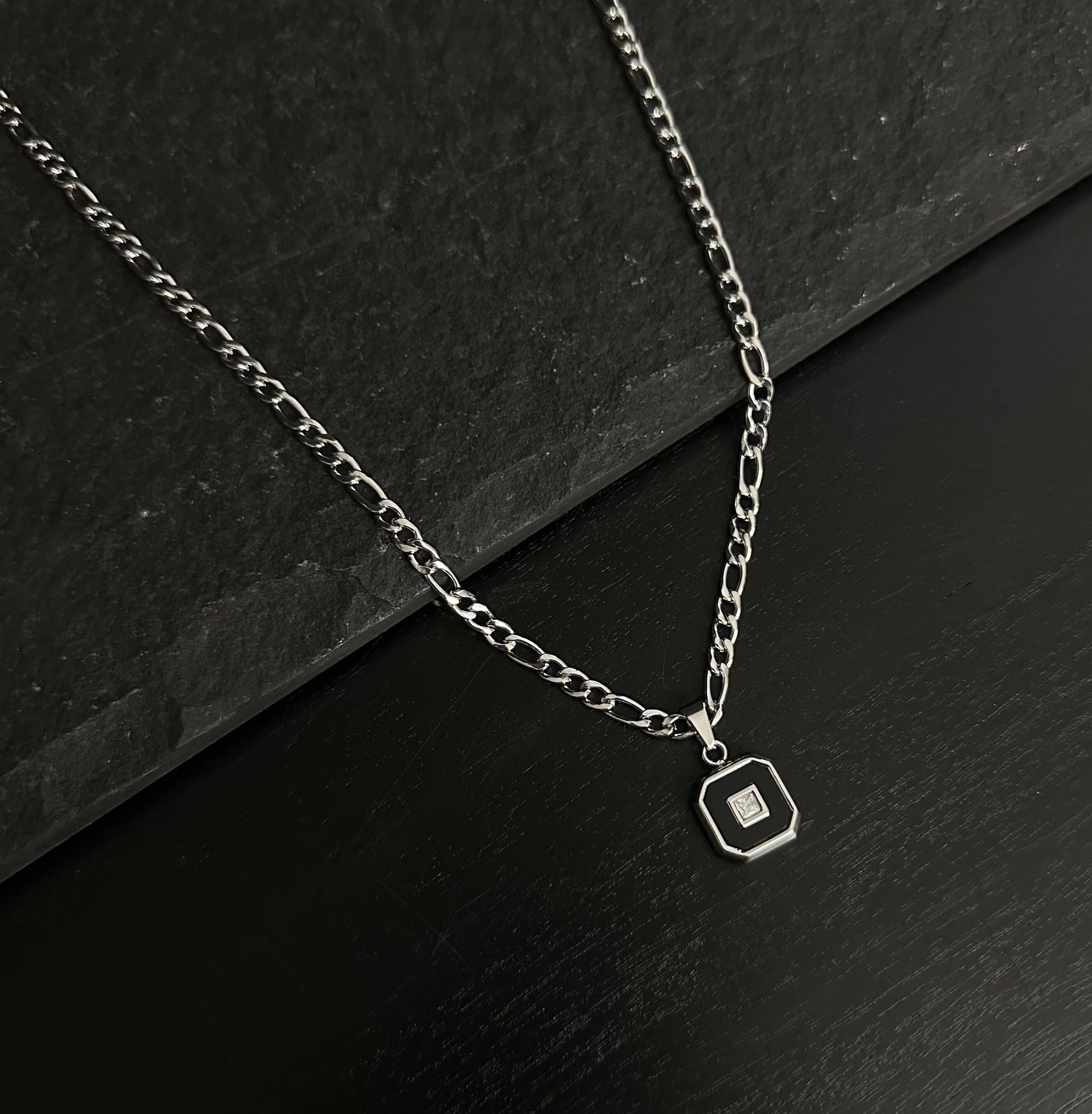 Silver black square pendant necklace for men or women / stainless steel waterproof silver necklace / silver figaro chain and square pendant