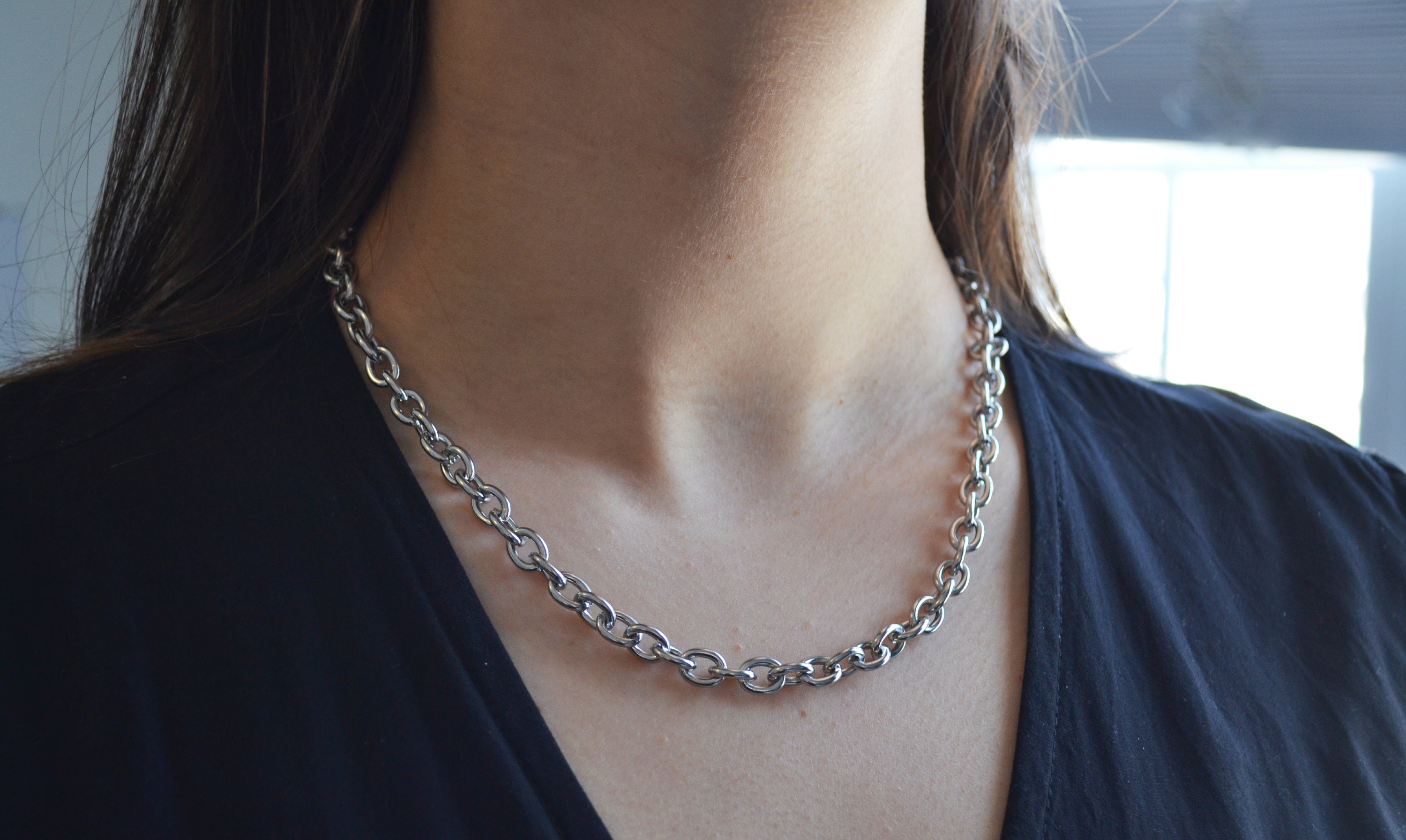 Silver Thick Rolo Link Chain Necklace 