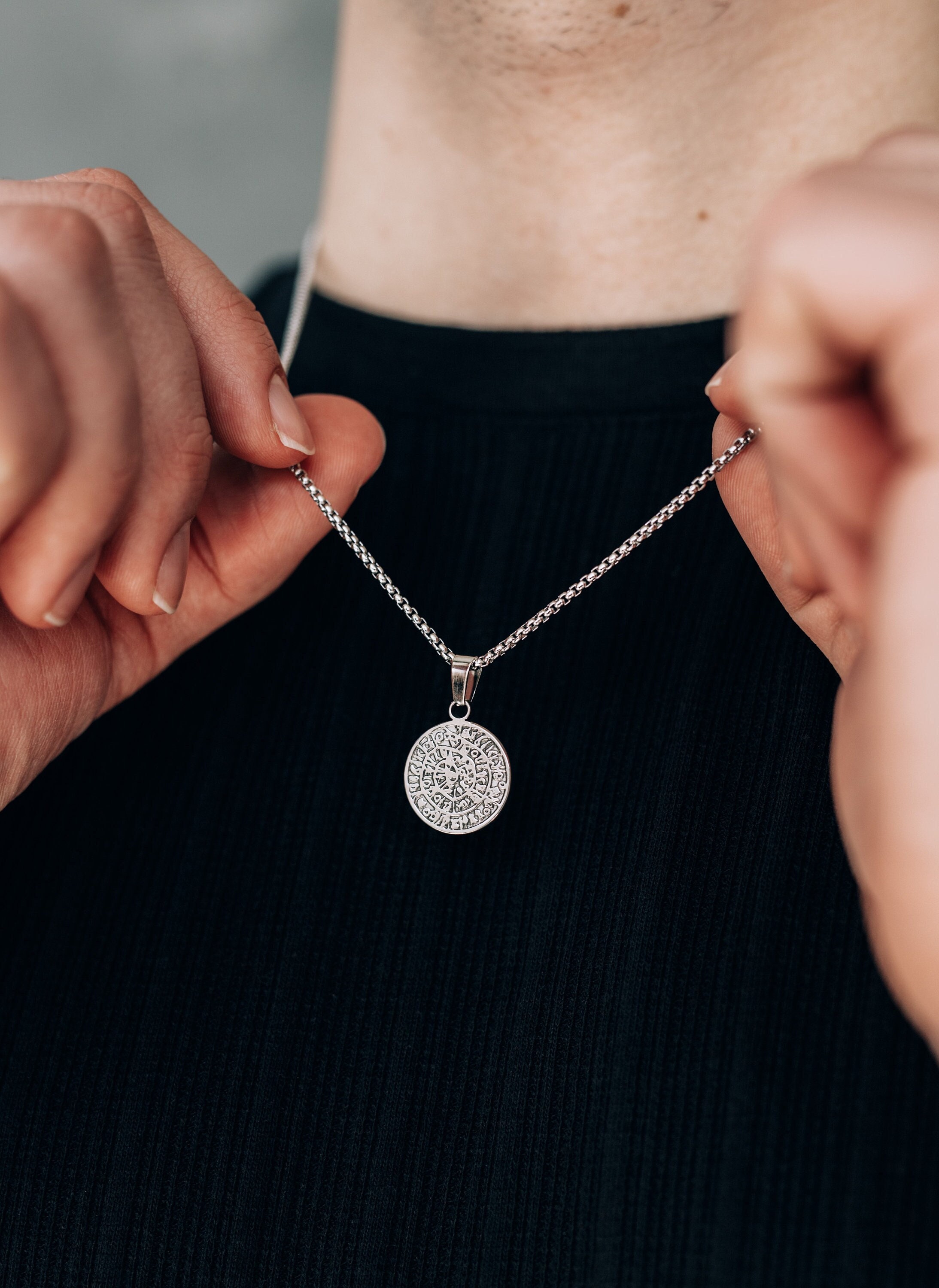 Silver Coin Pendant Necklace for Men or Women / Stainless Steel