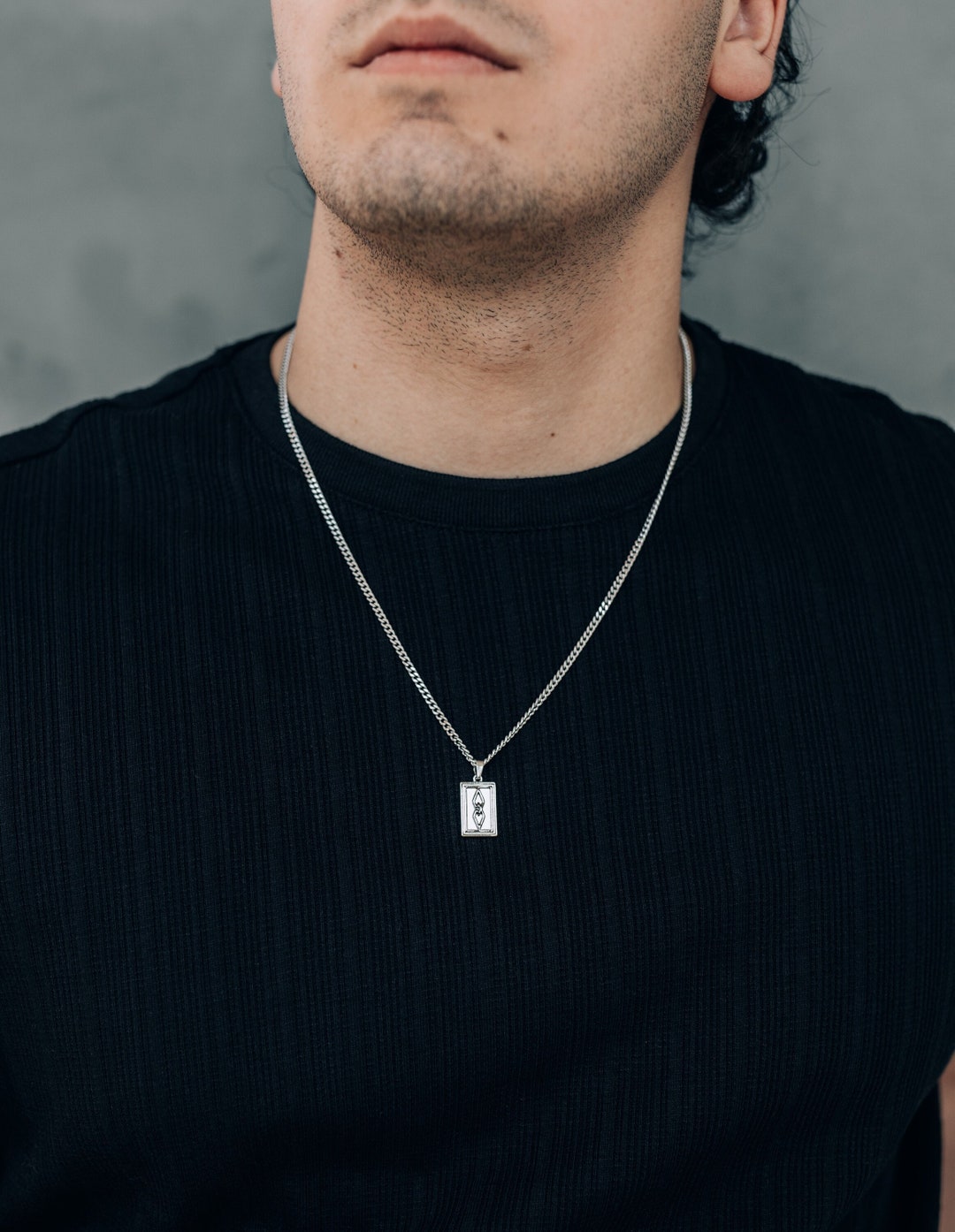 Silver Rectangle Pendant Necklace for Men / Stainless Steel