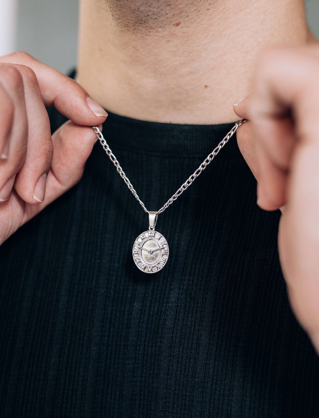 Silver Clock Pendant Necklace / Stainless Steel Waterproof Pendant