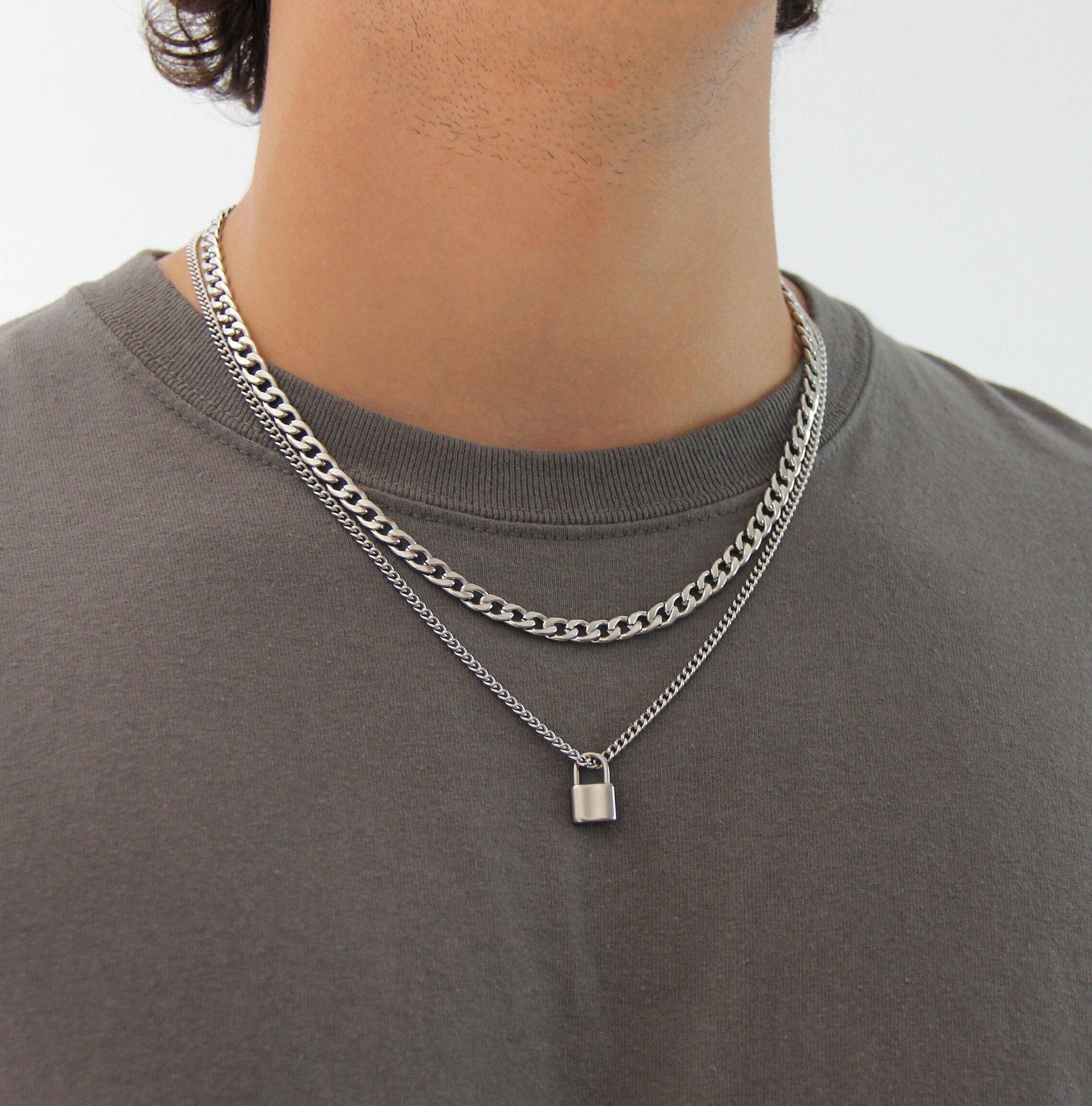 Silver layered necklaces for men stainless steel waterproof necklace set lock pendant necklace and 6mm curb chain padlock pendant men Etsy