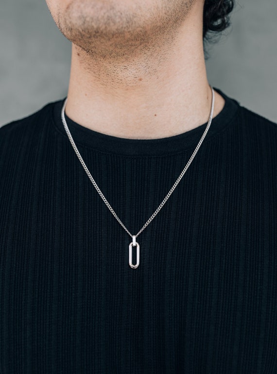 Silver Oval Pendant Necklace for Men / Stainless Steel Non-tarnish