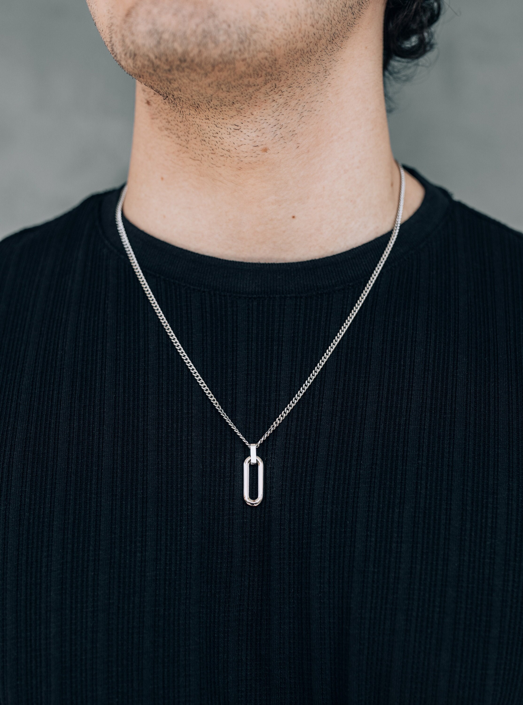 Silver Oval Pendant Necklace for Men / Stainless Steel Non-tarnish
