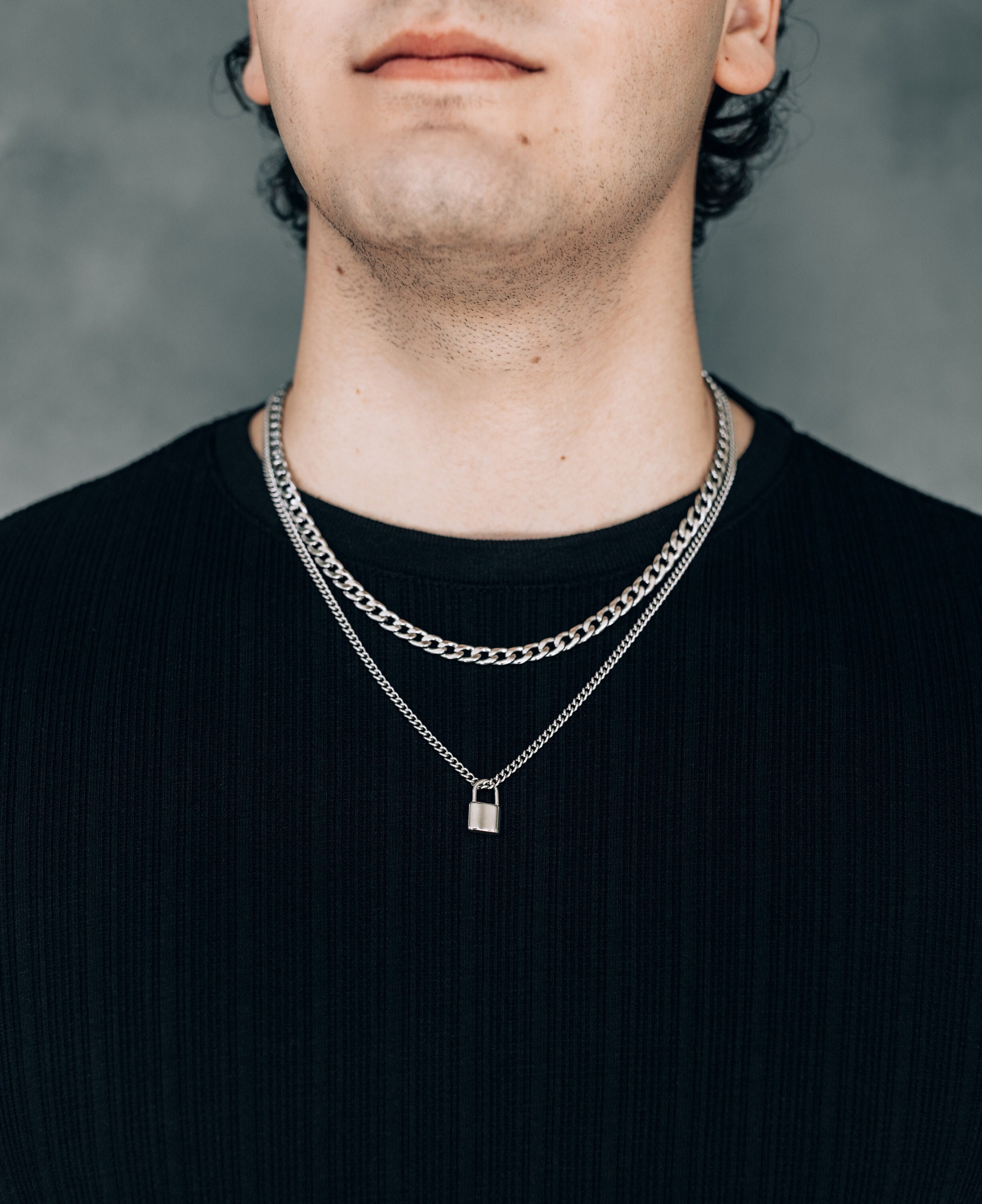 Silver Layered Necklaces for Men Stainless Steel Waterproof Necklace Set Lock Pendant Necklace and 6mm Curb Chain Padlock Pendant Men Etsy