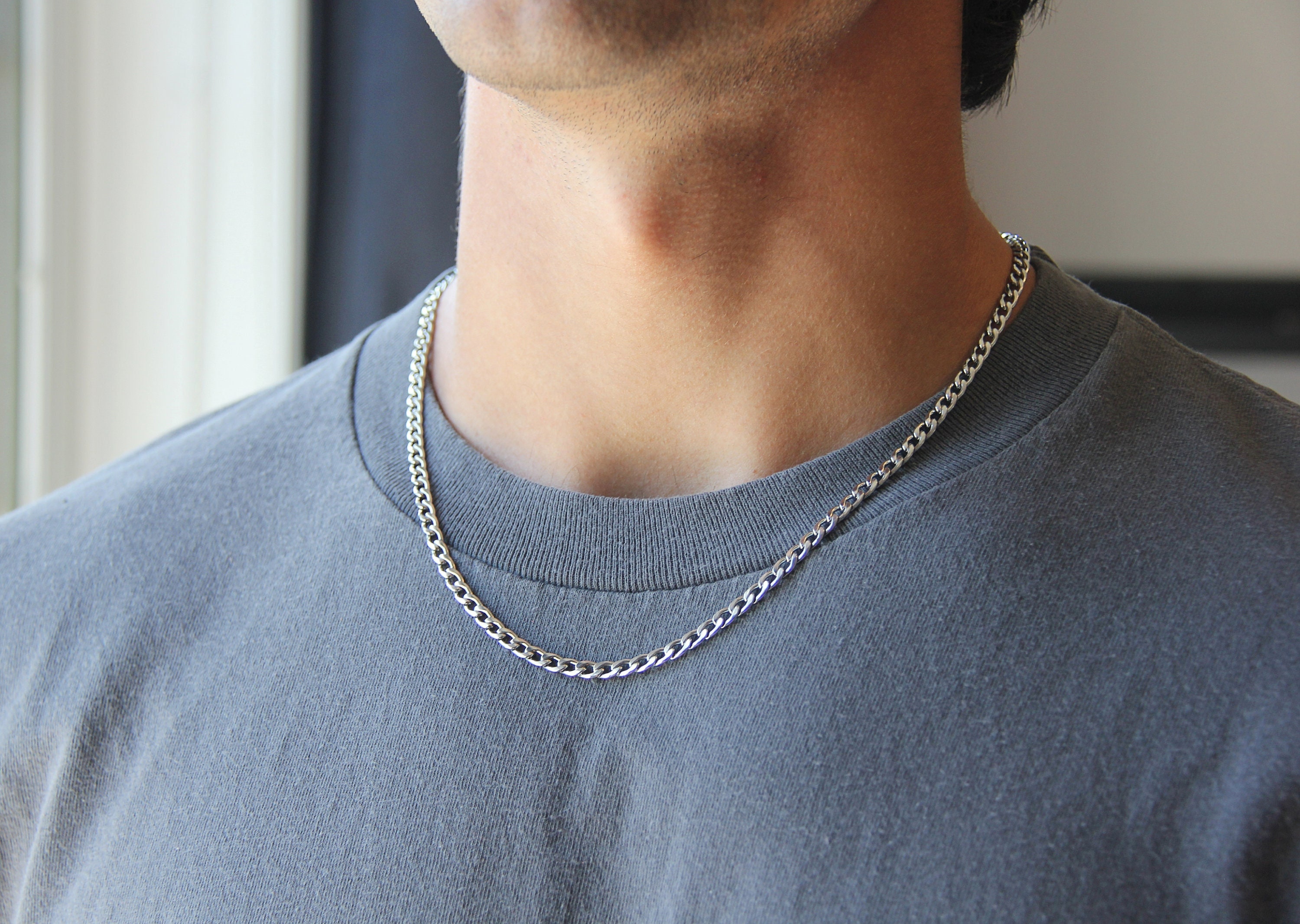 Silver 4mm Curb Chain Necklace for Men or Women / Stainless Steel
