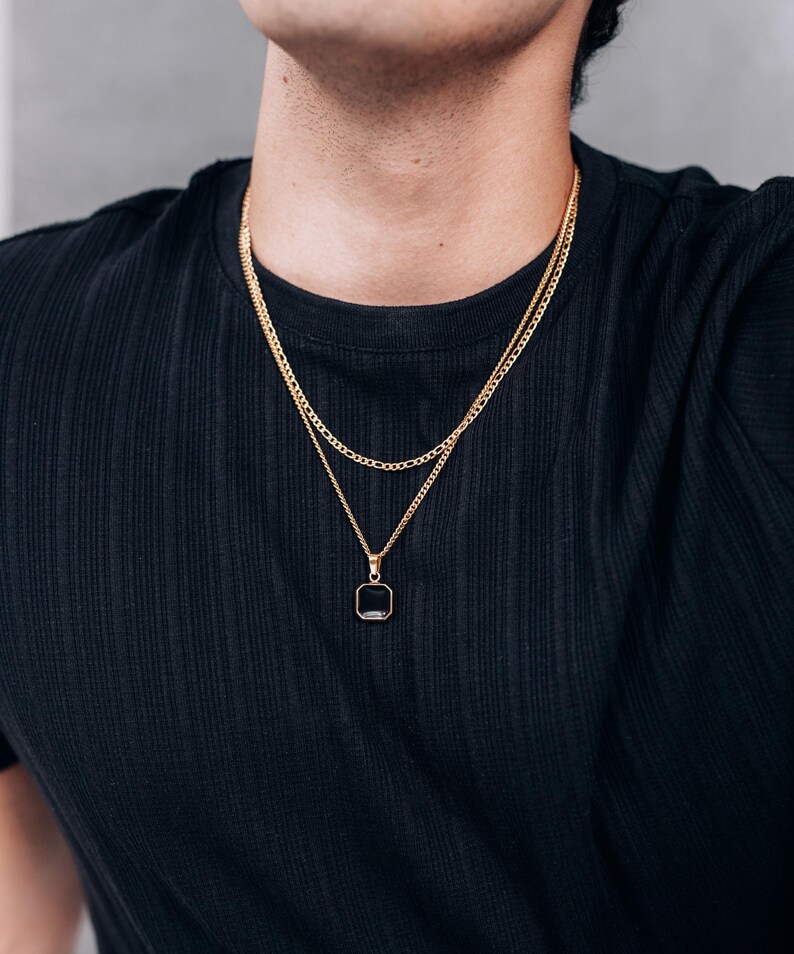 Gold Black Square Pendant Necklace for Men or Women / Stainless Steel