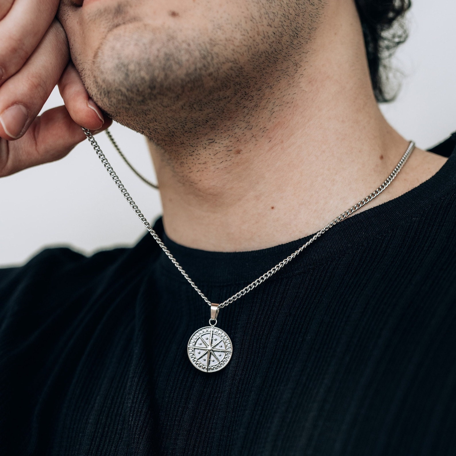 Men's Compass Necklace / Stainless Steel Waterproof Silver Pendant ...