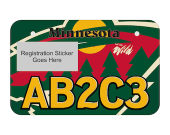 May include: A green, red, and white Minnesota Wild license plate with the text "Minnesota" and "Let's Go Wild" in black. The plate has a space for a registration sticker and the letters "AB2C3" in yellow.
