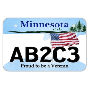 May include: A blue and white Minnesota license plate with the text "Proud to be a Veteran" and the license plate number "AB2C3". An American flag is waving in the background.