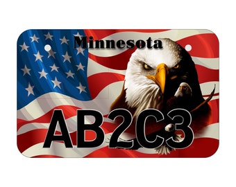 May include: A red, white, and blue American flag with a bald eagle and the text "Minnesota" and "AB2C3".