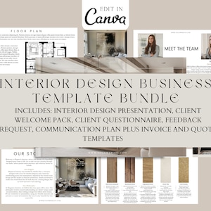 May include: A bundle of interior design business templates, including a presentation, client questionnaire, and welcome pack. The templates are displayed on a light beige background with the text "EDIT IN Canva" at the top.