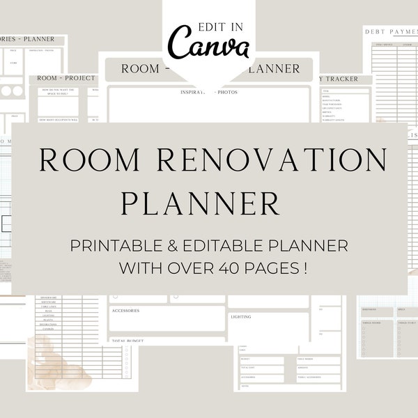 Room Renovation Planner, Interior Design planner, room improvement, home improvement, home project, Printable Guide, Canva Template