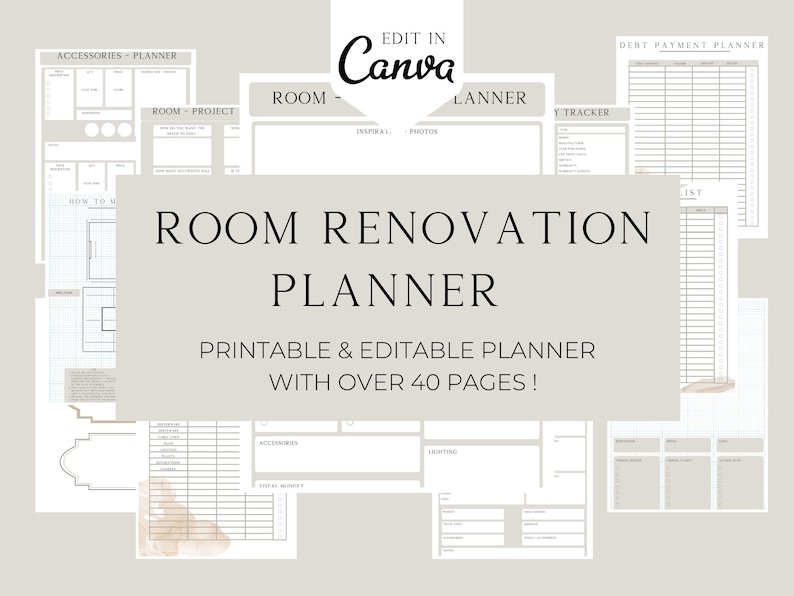 Room Renovation Planner, Interior Design planner, room improvement, home improvement, home project, Printable Guide, Canva Template image 1