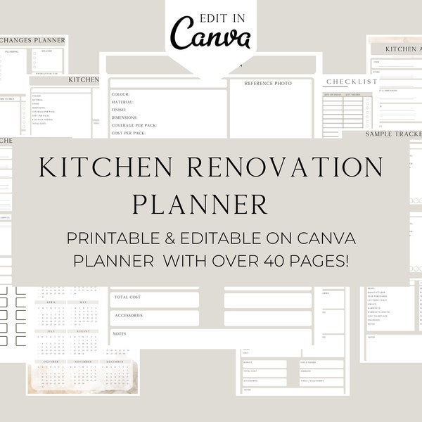 Kitchen Renovation Planner,  Home Improvement,  Improvement, Kitchen Remodel Planner, Home Organiser, Printable Guide, Canva Planner