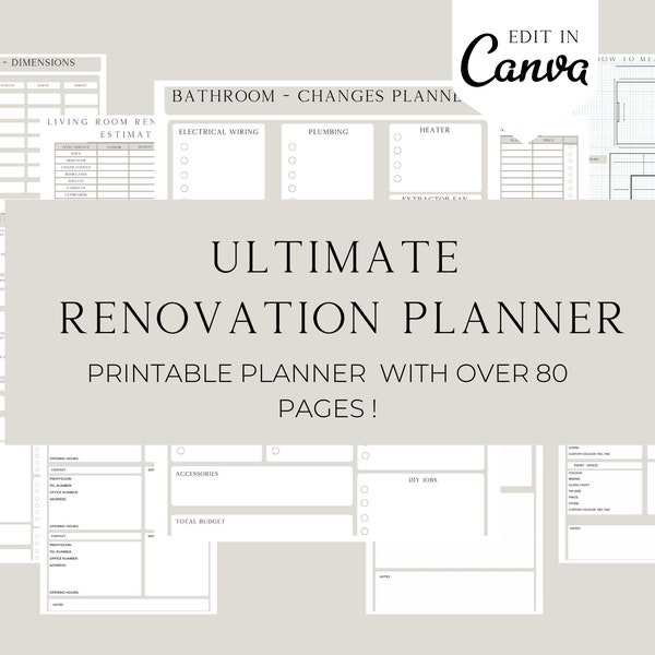 Ultimate Home Renovation Planner,  House Improvement, House renovation, Room organiser, printable planner, project plan, Canva Template,