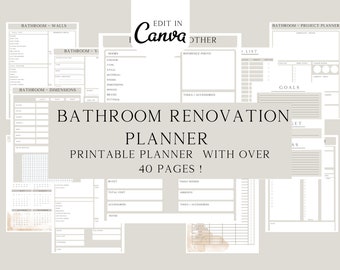 Bathroom Renovation Planner, printable guide, Bathroom Improvement, house Remodel, Home Planner, Home Project, organiser, Canva Template
