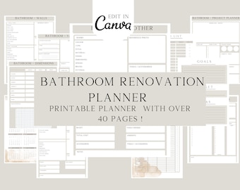 Bathroom Renovation Planner, printable guide, Bathroom Improvement, house Remodel, Home Planner, Home Project, organiser, Canva Template