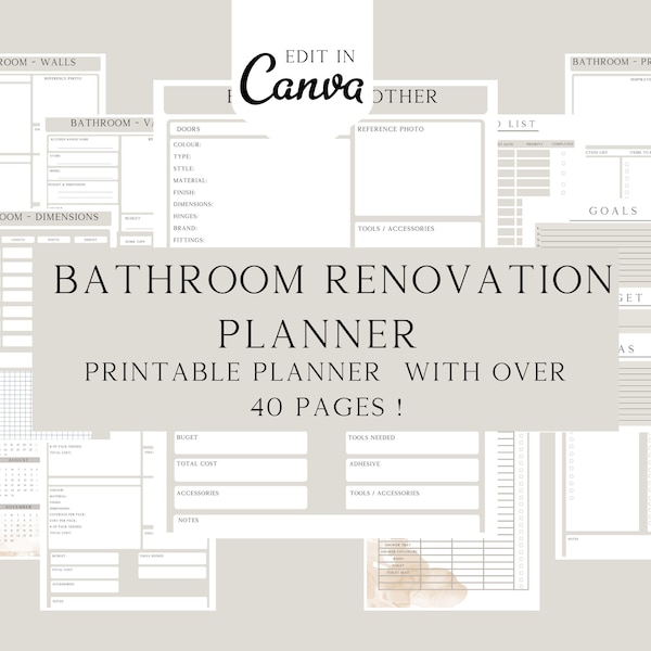 Bathroom Renovation Planner, printable guide, Bathroom Improvement, house Remodel, Home Planner, Home Project, organiser, Canva Template