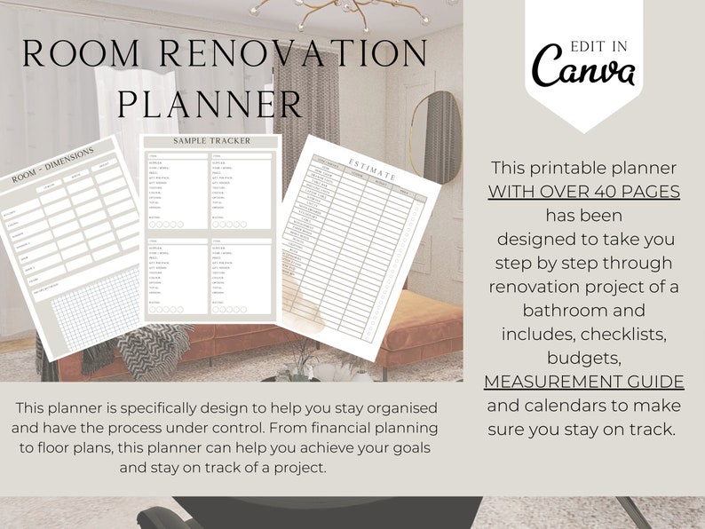 Room Renovation Planner, Interior Design planner, room improvement, home improvement, home project, Printable Guide, Canva Template image 5