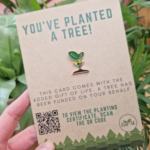 May include: A brown card with the text "You've Planted a Tree!" and a small green plant illustration. The card also includes a QR code and the text "This card comes with the added gift of life. A tree has been funded on your behalf. To view the planting certificate, scan the QR code. Eco-U"