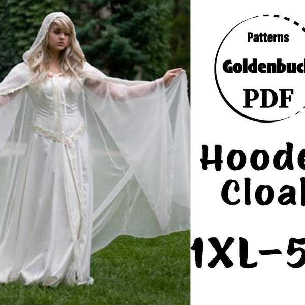 1XL-5XL Plus Size Hooded Cloak PDF Sewing Pattern Cosplay Halloween Elf Costume Long Cape with Hood Medieval Clothing Floor Length DIY Cloak