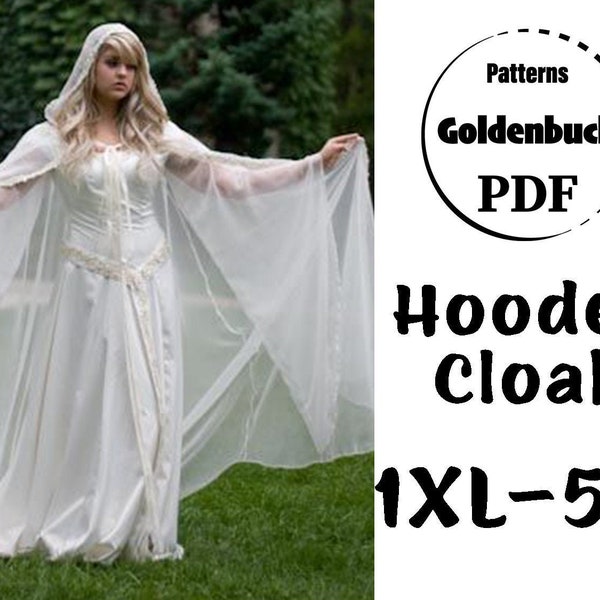 1XL-5XL Plus Size Kapmantel PDF Naaipatroon Cosplay Halloween Elf Kostuum Lange Cape met Kap Middeleeuwse Kleding Vloerlengte DIY Mantel