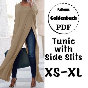 XS-XL Long Sleeve Tunic PDF Pattern Loose Fit Dress with High Slits Oversized Maternity Tunic Basic Women Clothes Side Split Leggings Outfit