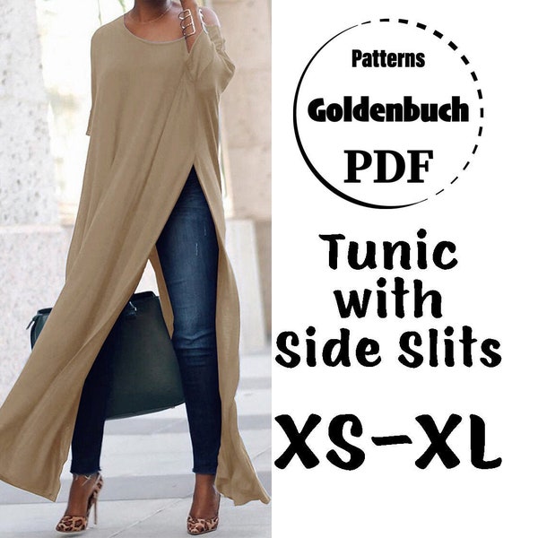 XS-XL Tunique à manches longues Modèle PDF Robe ample avec fentes hautes Tunique de maternité surdimensionnée Vêtements de base pour femmes Tenue de leggings fendus sur le côté