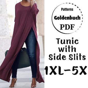 1XL-5XL Plus Size Tuniek PDF Naaipatroon Lange Mouw Jurk Loose Fit Hoge Split Jurk Oversized Zwangerschapstuniek Dameskleding Maxi Kaftan