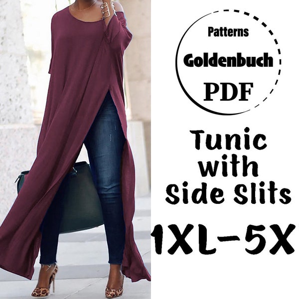 1XL-5XL Plus Size Tunic PDF Sewing Pattern Long Sleeve Dress Loose Fit High Slit Dress Oversized Maternity Tunic Women Clothing Maxi Kaftan