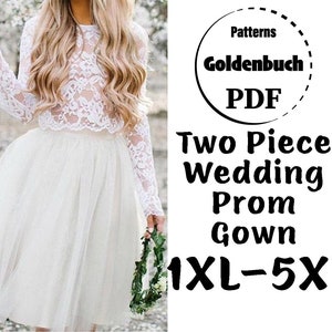 1XL-5XL Zweiteiler Abendkleid PDF Schnittmuster Übergröße Hochzeitskleid Tüllrock Spitze Top Brautjungfer Outfit Langarm-Shirt DIY Kleidung