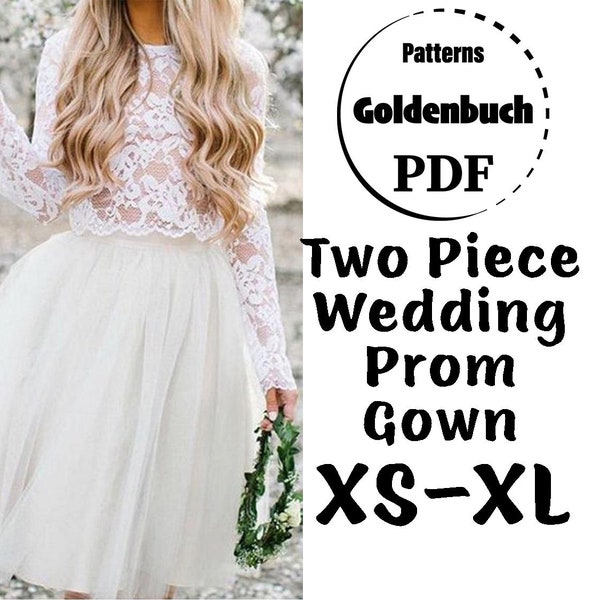 XS-XL 2 Piece Wedding Dress PDF Sewing Pattern Rockabily Bridesmaid Gown Bridal Tulle Skirt Long Bell Sleeve Prom Dress Cocktail Party Top