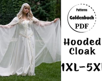 1XL-5XL Plus Size Hooded Cloak PDF Sewing Pattern Cosplay Halloween Elf Costume Long Cape with Hood Medieval Clothing Floor Length DIY Cloak