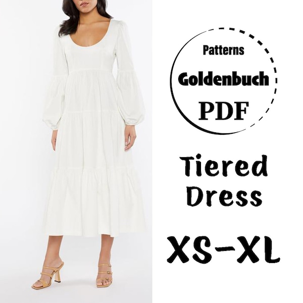 XS-XL Tiered Dress PDF Sewing Pattern Long Sleeve Maxi Dress Scoop Neck Summer Dress 3 Tiers Women Clothes Simple Oversize Outfit