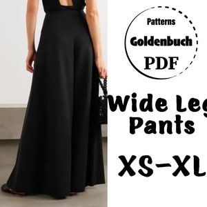 XS-XL Pantalones de pierna extra ancha PDF Patrón de costura Pantalones de tiro alto para mujer con bolsillos Pantalón palazzo de corte A para ropa de fiesta diaria o de boda