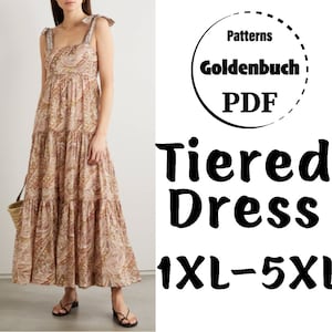 1XL-5XL Tiered Dress PDF Sewing Pattern Plus Size Loose Fit Dress Tiered Wide Straps Dress Summer Dress Oversized Cotton Dress Women Clothes