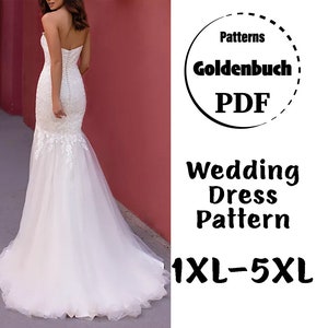 1XL-5XL Wedding Dress PDF Sewing Pattern Plus Size Fishtail Bridal Gown with Train Strapless Mermaid Dress Sweetheart Bridesmaid Outfit