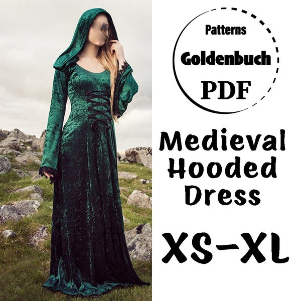 XS-XL Medieval Dress PDF Sewing Pattern Renaissance Hooded Gown A-line Wedding Dress Elf Cosplay Long Sleeve Bridal Gown Lace Up Outfit