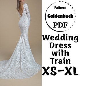 XS-XL Wedding Dress with Train PDF Pattern Fishtail Bridal Gown Long Sleeve Evening Dress Low Back Prom Gown Formal Mermaid Dress Lace Gown