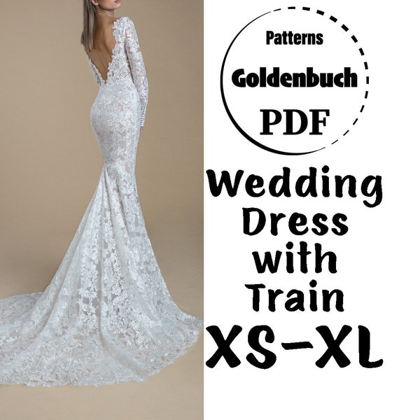 XS-XL Wedding Dress with Train PDF Pattern Fishtail Bridal Gown Long Sleeve Evening Dress Low Back Prom Gown Formal Mermaid Dress Lace Gown