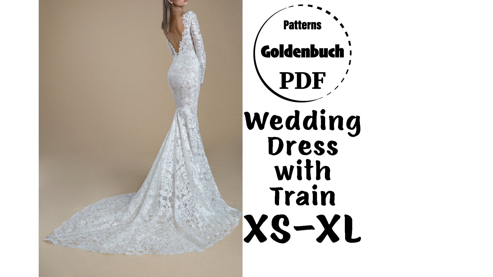 XS-XL Wedding Dress With Train PDF Pattern Fishtail Bridal Gown Long Sleeve  Evening Dress Low Back Prom Gown Formal Mermaid Dress Lace Gown 