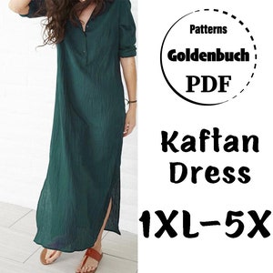 1XL-5XL Vestido Kaftan de talla grande PDF Patrón de costura Vestido maxi de manga larga Túnica holgada Vestido de gran tamaño con botones Ropa básica de mujer