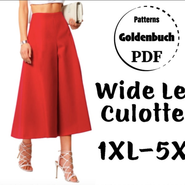 1XL-5XL Wide Leg Culottes PDF Sewing Pattern Plus Size Women Trousers High Waisted Crop Pants A-line Palazzo Pants Flare Skirted Pants