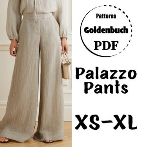 XS-XL Palazzo Pants PDF Sewing Pattern Wide Leg Trousers Loose Fit High Waist Pants with Pockets Women Pants Print at Home Clothing Patterns image 1
